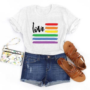 NWT Women's rainbow "love" graphic short sleeve shirt white